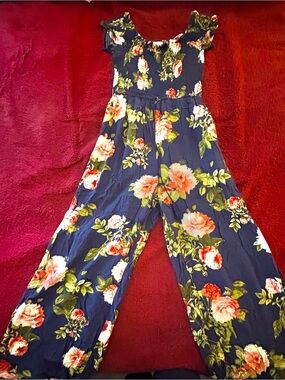 Navy Floral Wide-Leg Jumpsuit with Smocked Bodice